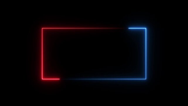 Square rectangle picture frame with two tone neon color motion graphic on isolated Blue and red light moveing, black background. Geometric Frame, 4K Motion Graphics Loop..