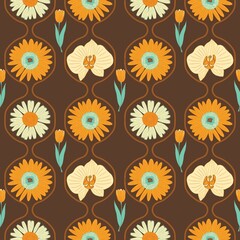 Fototapeta premium Retro seamless pattern with orchids and daisy flowers on dark brown background, 70s vintage floral wallpaper