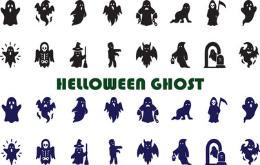 Fototapeta premium Halloween ghost and monster icons set in blue and black vector style