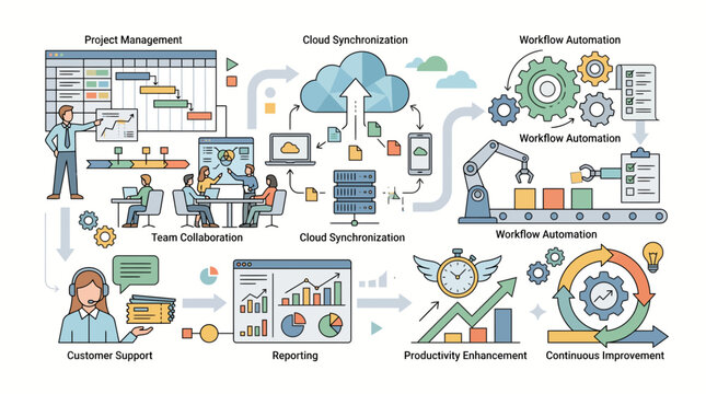 Illustrating a comprehensive startup workflow and BUSINESS concept with project management, team collaboration, cloud