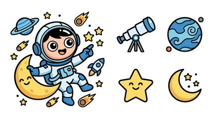 Smiling astronaut boy sitting on the moon surrounded by planets, stars, and rockets, flat vector illustration. © JAHIDUL STOCK