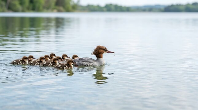 Goosander mother leading its ducklings across a peaceful lake surface