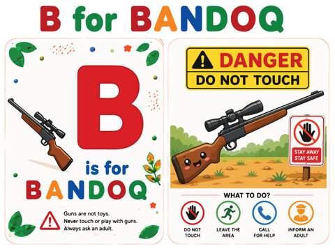 B for Bandoq alphabet flashcard and gun safety poster for kids, educational rifle illustration with danger warning signs, firearm awareness vector set