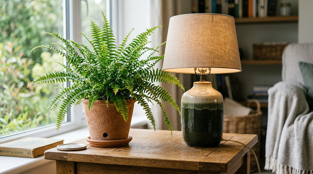 Cozy home interior with potted fern and lamp on wooden table, natural light from window