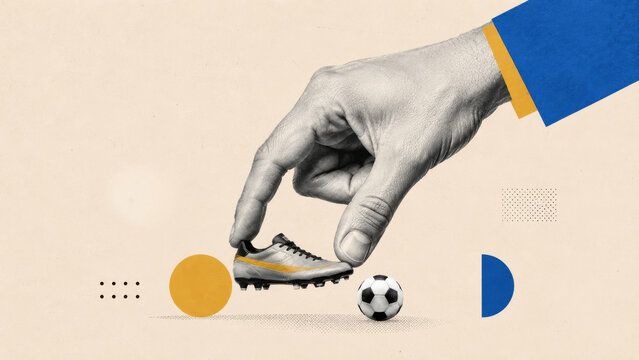 Hand holding tiny soccer shoe next to ball with abstract shapes, sports concept illustration