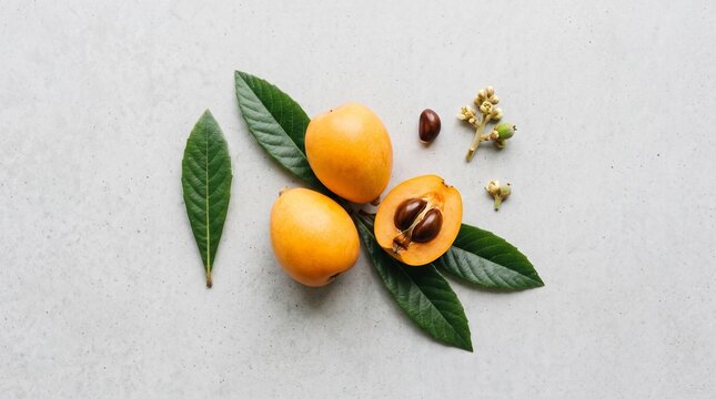 Flat lay of fresh whole and halved loquat fruit with green leaves