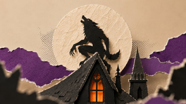 Werewolf silhouette on haunted house spooky Halloween paper collage for horror, fear and folklore themes