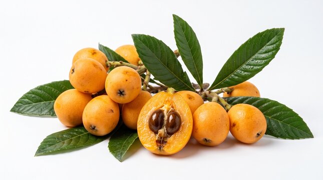 Fresh ripe loquat fruits on branch with green leaves white background