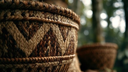 Obraz premium Woven Wonders: A close-up shot of intricately woven baskets, showcasing detailed patterns and natural textures, set against a soft-focus natural background.