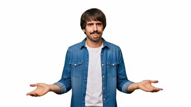A confused man with a mustache shrugging his shoulders in uncertainty