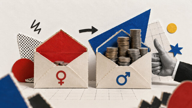 Gender pay gap and workplace pay inequality concept illustrated with male female symbols stacked coins