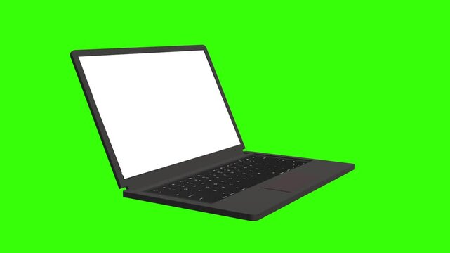 3D laptop with green screen chroma key display animation on bright green background. Seamless device mockup for screen replacement, presentations, UI showcase, advertising, technology demos and video 