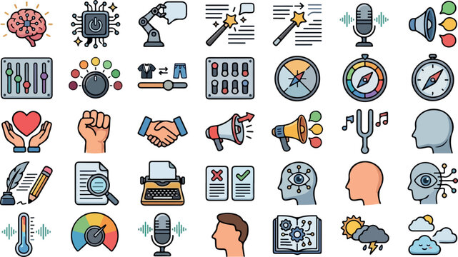  Generative artificial intelligence voice synthesis creative text copywriting and algorithmic ethics color icon set