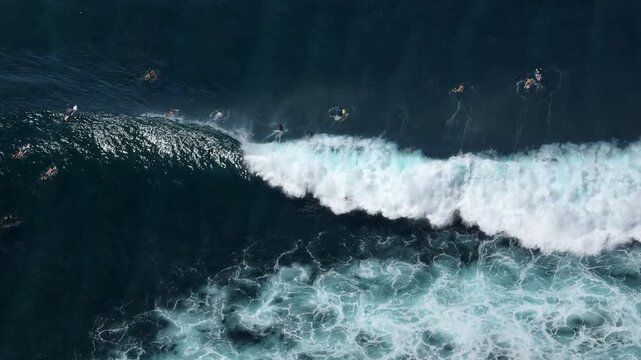 Surfers are gathering in the ocean lineup, paddling and waiting for next big wave to break at the famous surfing spot near the Bukit Peninsula in Bali, Indonesia. Active sports. Aerial drone footage