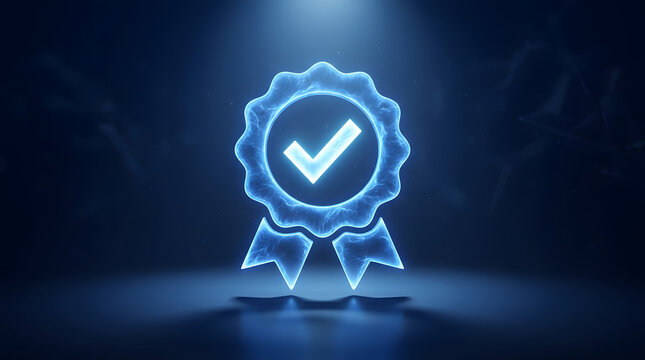 Futuristic glowing blue checkmark badge with ribbon, intricate neon light details, dark gradient background, D rendering of approval symbol with soft ambient lighting featuring success and icon