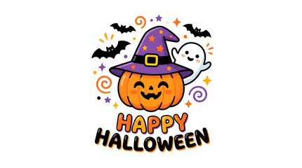 Cute happy halloween sticker with cheerful pumpkin, friendly ghost, bats, and stars.