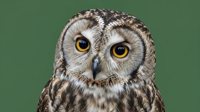 A close up portrait of a tawny owl with bright yellow eyes on green background