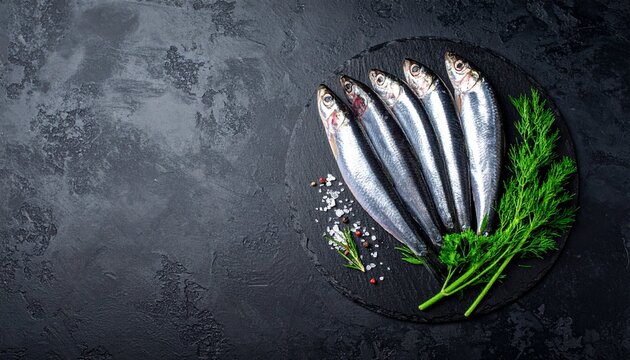Fresh Raw Sardines Arranged on Dark Stone Plate with Green Dill Herb and Sea Salt for Culinary Seafood Preparation and Gourmet Mediterranean Cooking