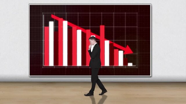 Worried Businessman Pacing in Front of Falling Financial Stock Chart with Red Arrow Downward Trend