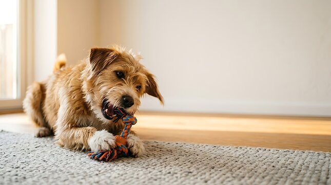 Cute scruffy terrier mix dog chewing on a rope toy at home
