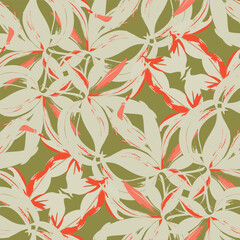 Fototapeta premium Modern abstract seamless tropical leaf pattern with coral and olive tones. Ideal for fashion, textile, apparel, wallpaper, and background design. 