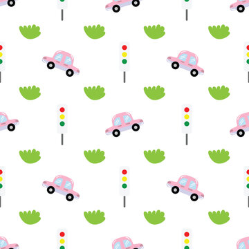 Hand-drawn cute car with traffic lights seamless pattern on a white background. Fabric and wallpaper style.