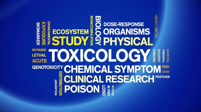 Toxicology animated word cloud-animation tag kinetic typography seamless loop.
