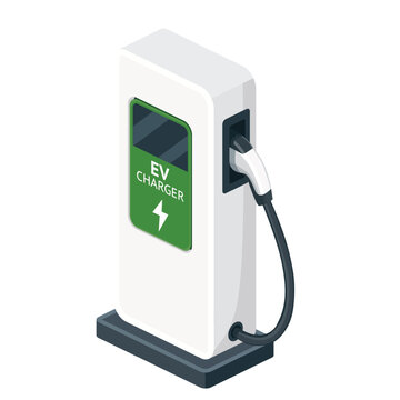 Isometric EV Charging Station Isolated on White Background. Vector Illustration.