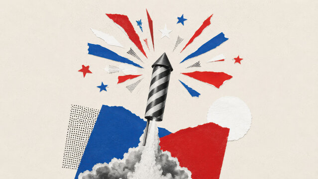 Patriotic firework rocket launching with red white and blue paper collage shapes for USA celebration and Independence Day holiday