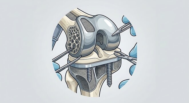 Knee replacement surgery with prosthetic metal implant and bone