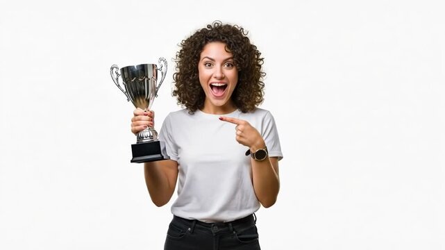 A joyful woman with curly hair excitedly points to a silver trophy held up