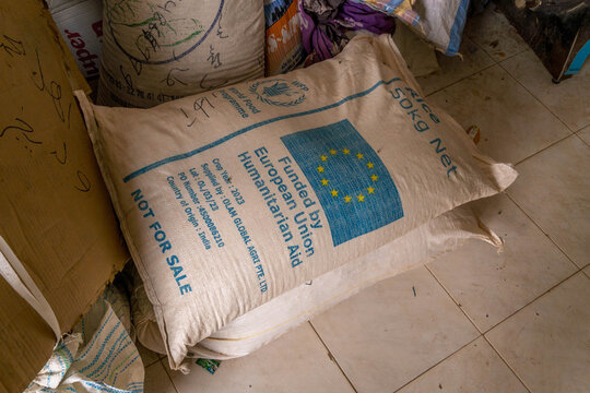 EU humanitarian aid food sack, highlighting relief distribution, poverty conditions and economic hardship in a crisis context, at Atar, Mauritania.
