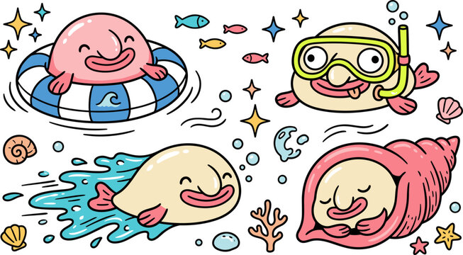 Cute cartoon blobfish characters set, funny deep sea creatures swimming, snorkeling, and relaxing in a shell, vector illustration