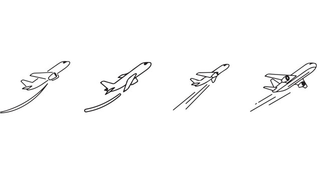 Minimalist airplane line art icons, set of 4 flying aircraft vector illustrations, simple black and white plane silhouettes with motion trails