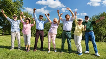 Obraz premium Joyful Group of Seniors Jumping and Celebrating in a Sunny Park