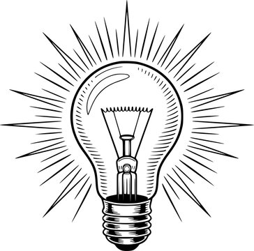 明るい創造的なアイデアを表す、光る電球の様式化された白黒の線画