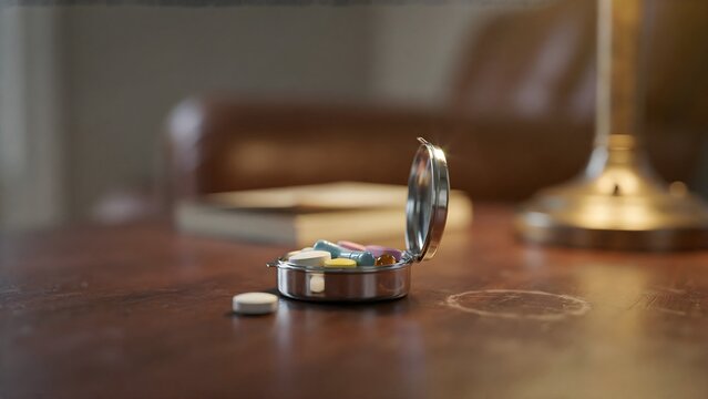 Close-up of a metal tin container with colorful pills on wooden table