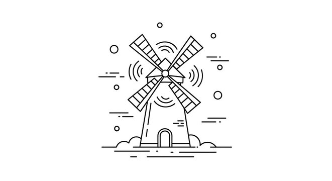 Line art illustration of a windmill with spinning blades, clouds and circular elements