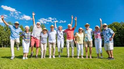 Obraz premium Joyful Group of Seniors Jumping and Celebrating in a Sunny Park