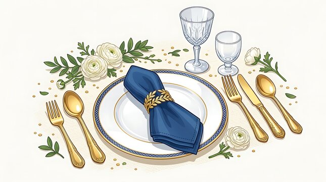 Elegant formal table setting with gold cutlery and blue napkin
