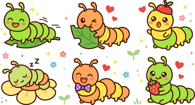 Set of cute cartoon caterpillars, funny little worms in different poses, kawaii insect characters, vector illustration