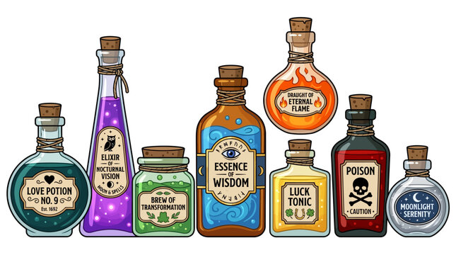Assortment of various shaped and colored potion bottles, each with a cork stopper and a unique label, are arranged in a row against a white background.