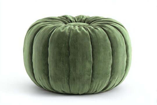 A round, ribbed, sage green pouf with a plush velvet texture sits elegantly on a clean white background, offering a touch of sophisticated comfort and style to any modern living space.