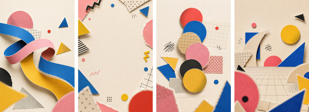 Retro 1980s geometric paper collage background collection with Memphis shapes, pastel colours and abstract scenes for posters