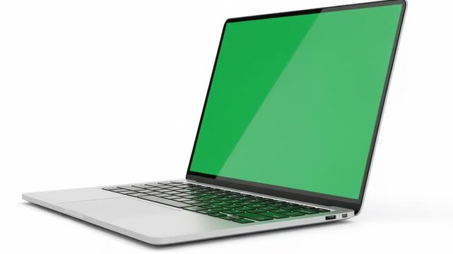 A sleek silver laptop with a vibrant green screen isolated on white background