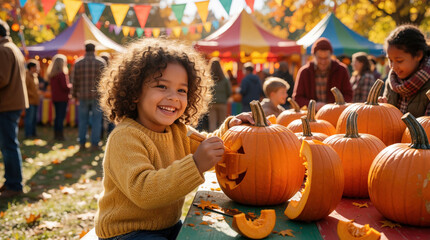 Obraz premium Happy young curly girl carves orange pumpkin at autumn harvest festival outdoor fair. Cheerful kid smiles making traditional jack o lantern craft for halloween holiday party. Small child enjoys