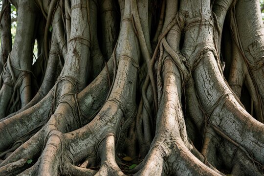 Massive trunk features intricate interlocking roots, textured bark. Large woody buttress roots provide strong support for giant evergreen plant. Ancient tropical ficus specimen grows in rainforest