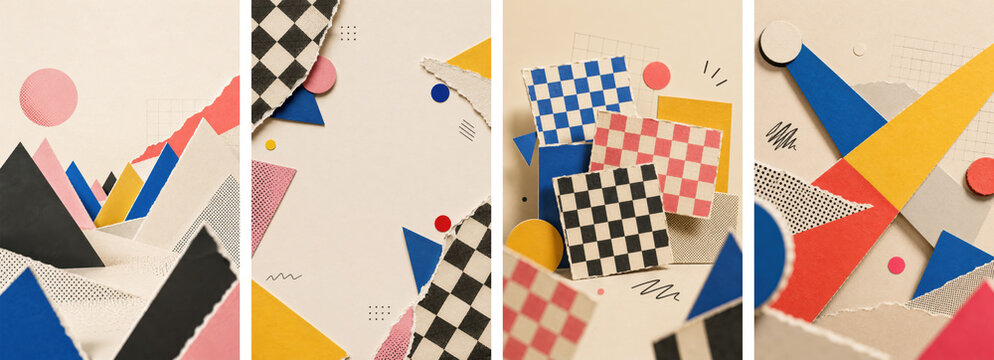 Retro 1980s geometric paper collage background collection with Memphis shapes, pastel colours and abstract scenes for posters