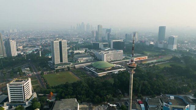 Aerial View of Indonesian Parliament Complex DPR MPR Building in Hazy Jakarta