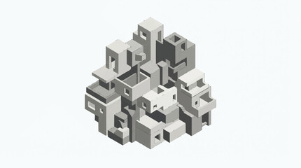 Naklejka premium 3D Isometric City Building Blocks with Cube Houses and Modern Architecture Concept for Real Estate Construction Design and Urban Development Illustration